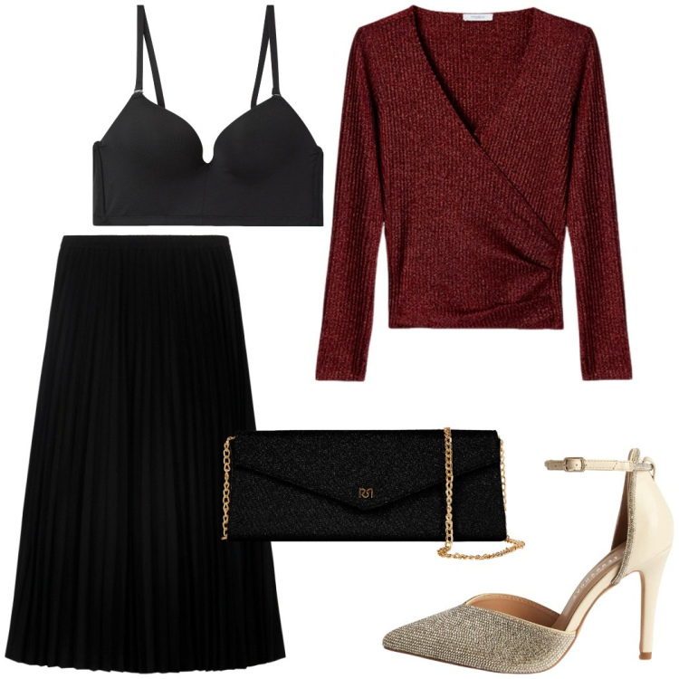 Outfit donna - A cena fuori. Stile Casual chic per Serata fuori. Abbinamento con décolleté, reggiseni push-up, pochette, gonne longuette, maglieria.