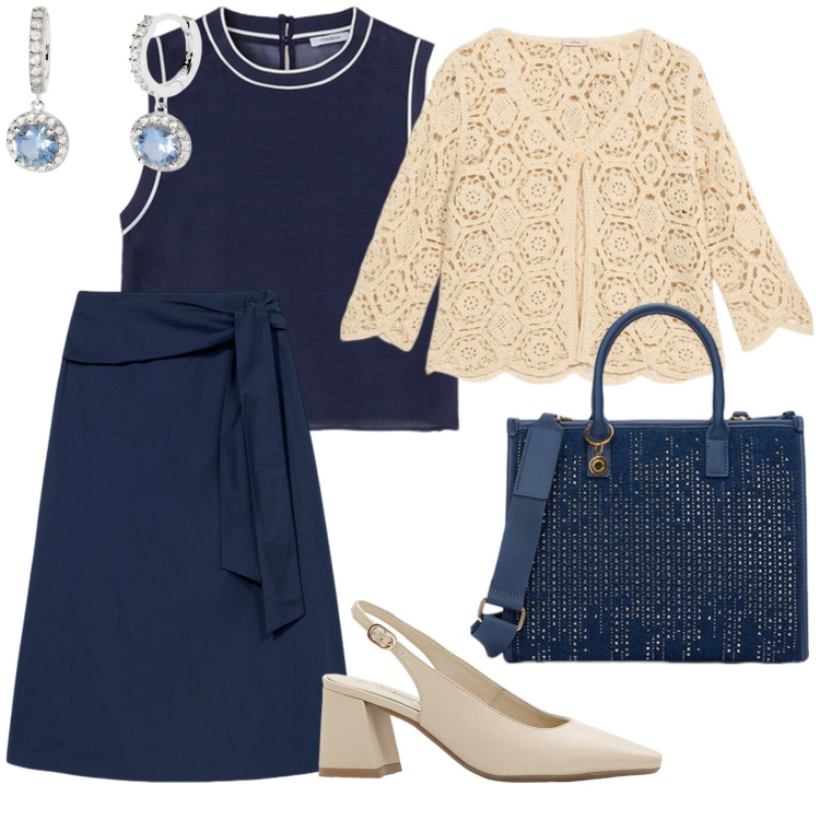 Outfit donna - Per tutto il giorno. per Tutti i giorni. Abbinamento con décolleté, orecchini, top, gonne longuette, borse a mano, cardigans.