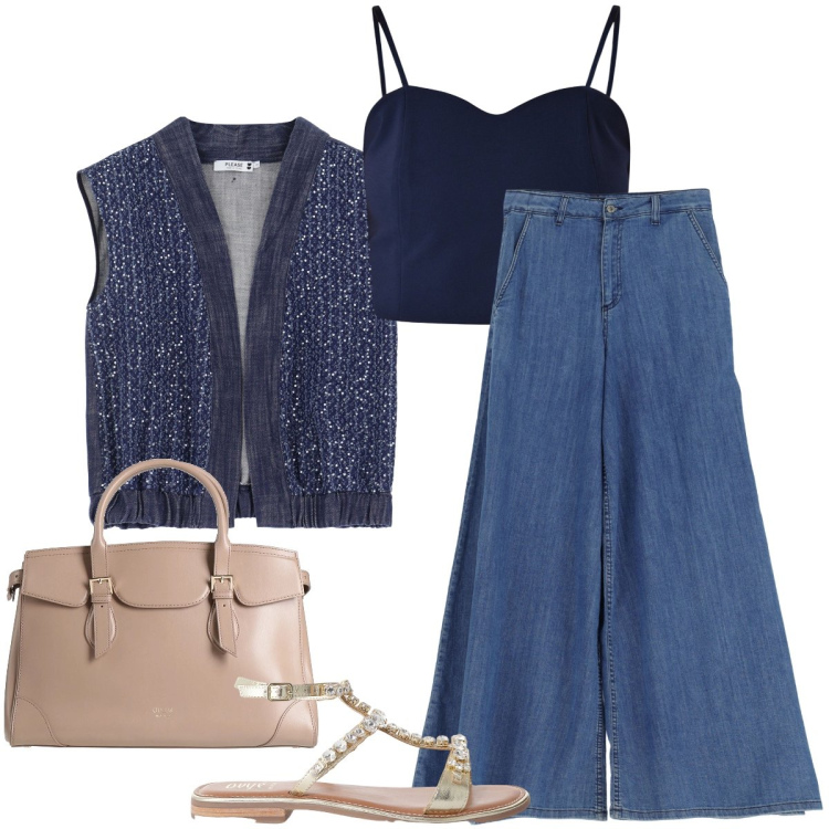 Outfit donna - Il gilet lurex. Stile Glamour per Tutti i giorni. Abbinamento con borse a mano, canottiere, gilet, jeans, sandali.