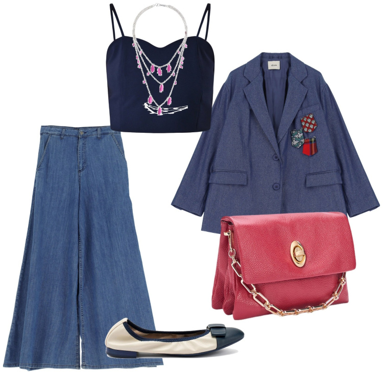 Outfit donna - Venerdì sera. per Serata fuori. Abbinamento con canottiere, jeans, blazer, borse a tracolla, ballerine, collane.