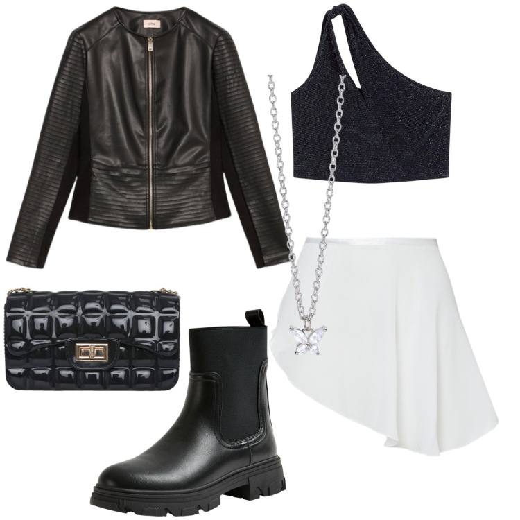 Outfit donna - Serata rock. Stile Rock per Serata fuori. Abbinamento con top, stivaletti chelsea, borse a tracolla, collane, minigonne, giacche.