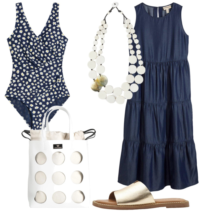 Outfit donna - L\'intero romantico. Stile Romantica per Mare. Abbinamento con vestiti midi/longuette, costumi interi, ciabatte, borse a mano, ciondoli.