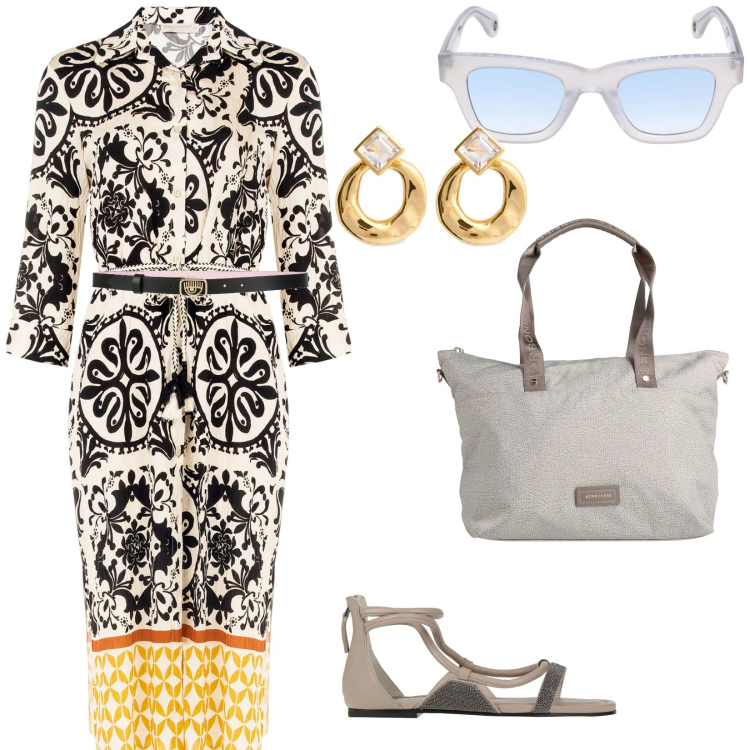 Outfit donna - Passeggiata. per Tutti i giorni. Abbinamento con sandali alla schiava, cinture, borse a mano, vestiti chemisier, occhiali da sole, orecchini.