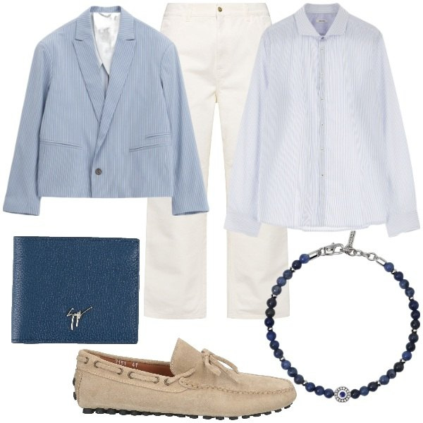 Outfit uomo - Dettagli a righe sottili. Stile Business/Elegante per Serata speciale. Abbinamento con portafogli, scarpe stringate, braccialetti, camicie, giacche, jeans.