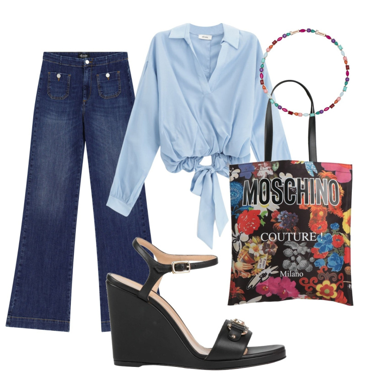 Outfit donna - Moschino super fantasia. Stile Casual chic per Serata fuori. Abbinamento con sandali in pelle, borse a mano, collane, jeans a zampa, bluse.