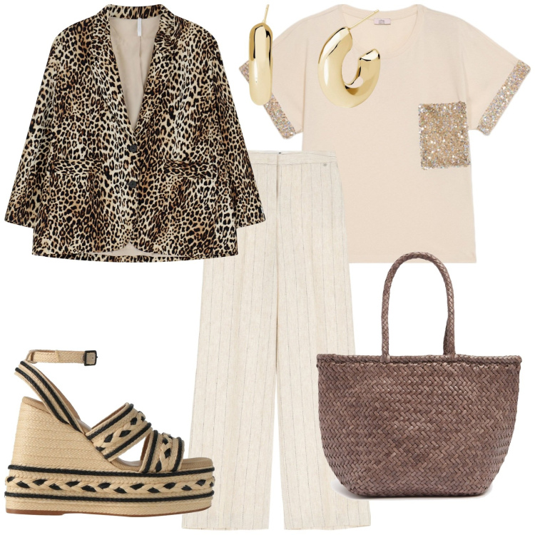 Outfit donna - Giornate estive. per Tutti i giorni. Abbinamento con espadrillas, pantaloni a palazzo, orecchini, blazer, t-shirt, borse a mano.