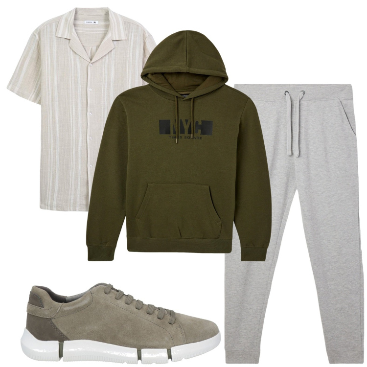 Outfit uomo - La felpa verde oliva. Stile Trendy per Tutti i giorni. Abbinamento con sneakers, camicie a manica corta, felpe con cappuccio, pantaloni.