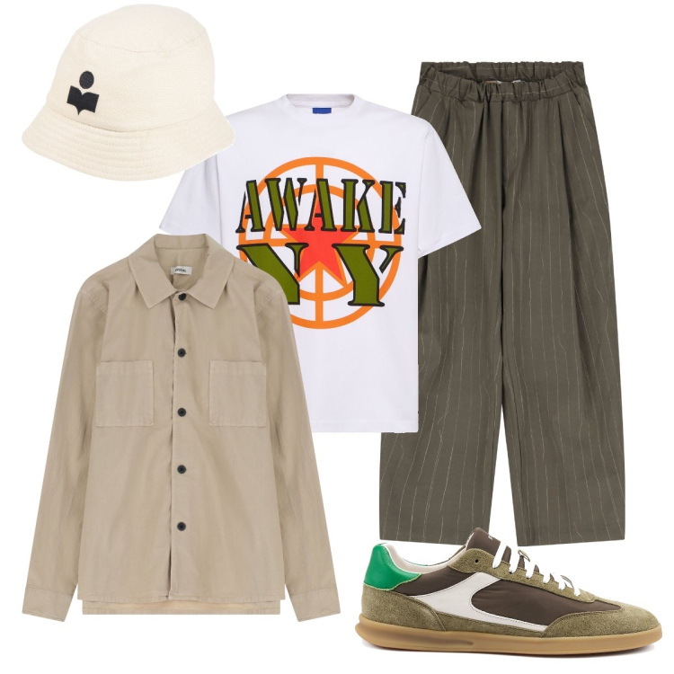 Outfit uomo - Disinvolto. Stile Trendy per Tutti i giorni. Abbinamento con cappelli, giacche, pantaloni, t-shirt, sneakers.