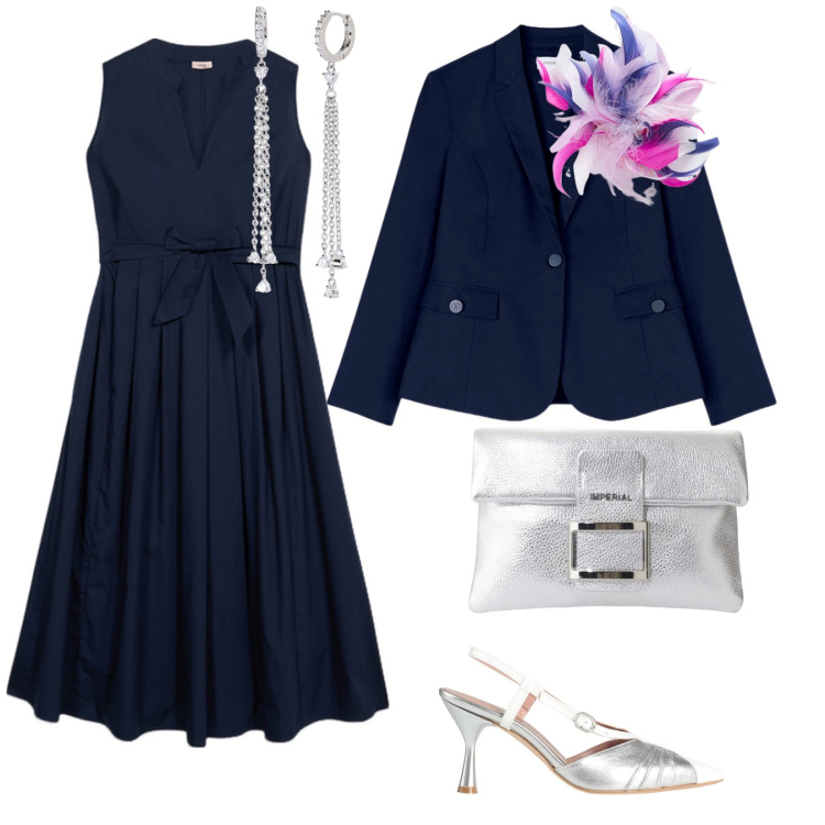 Outfit donna - Mamma dello sposo. per Cerimonia. Abbinamento con décolleté, orecchini, pochette, accessori per capelli, vestiti midi/longuette, blazer.
