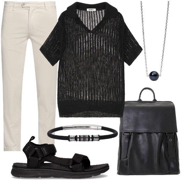 Outfit uomo - Giochi di trasparenze. Stile Casual per Serata speciale. Abbinamento con pantaloni chino, braccialetti, collane, maglieria, borse sportive, sandali.