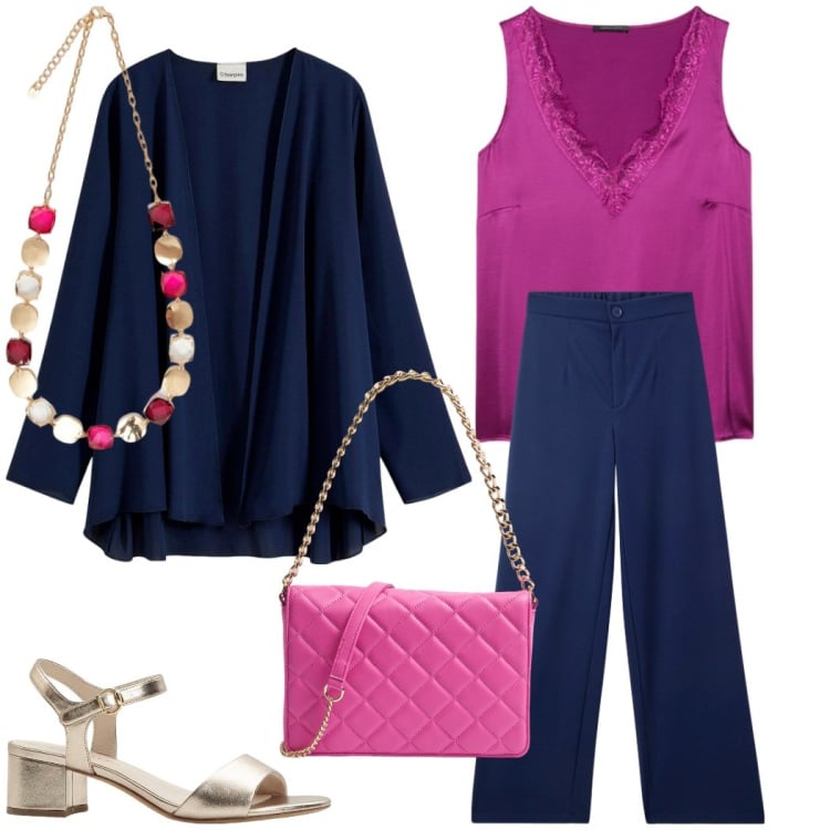 Outfit donna - Happy hour con le amiche. Stile Casual chic per Serata fuori. Abbinamento con blazer, sandali col tacco, pantaloni, borse a tracolla, collane, top.
