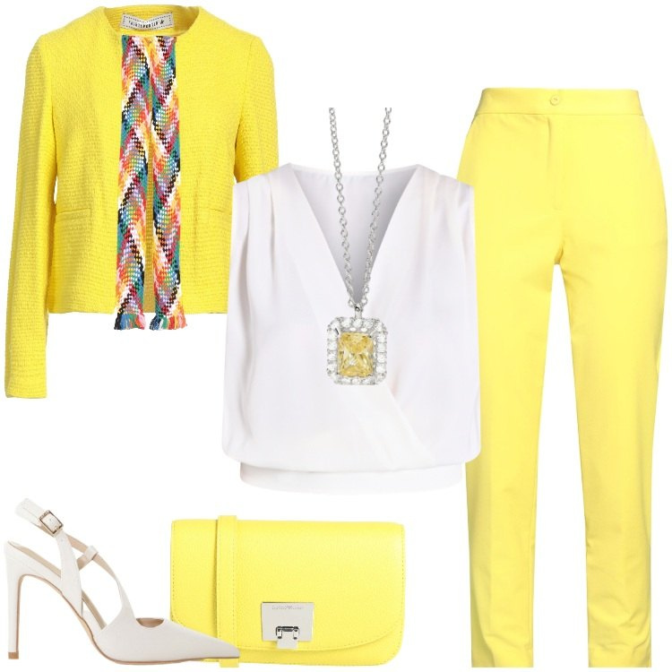 Outfit donna - Primavera giallo lemon. Stile Chic per Cerimonia. Abbinamento con pantaloni, borse a tracolla, blazer, décolleté, collane, top.