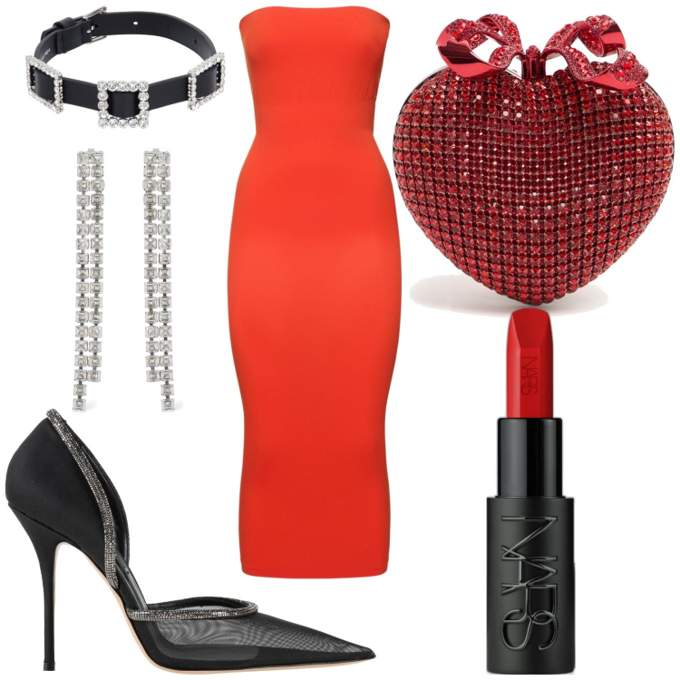 Outfit donna - Rosso protagonista. Stile Sexy per Serata fuori. Abbinamento con décolleté, rossetti, vestiti midi/longuette, collane, orecchini, pochette.