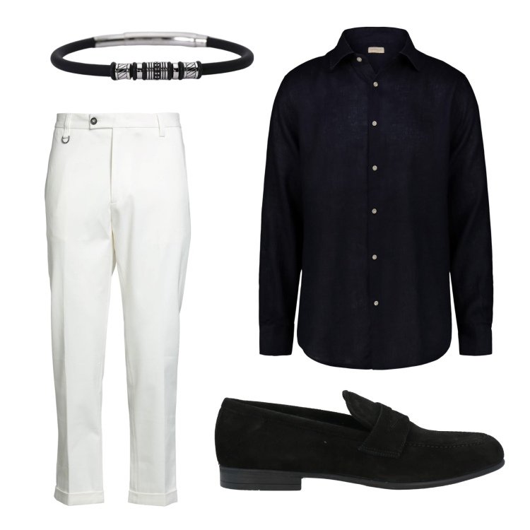 Outfit uomo - Aperitivo black & white. Stile Business/Elegante per Serata speciale. Abbinamento con scarpe stringate, pantaloni chino, braccialetti, camicie.