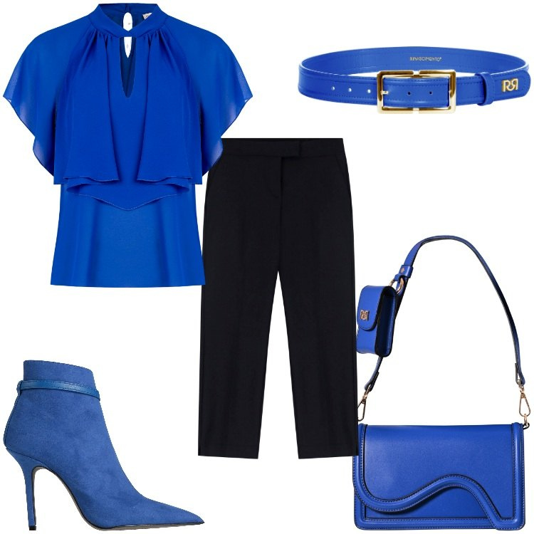 Outfit donna - Blu cina must di primavera. Stile Trendy per Serata fuori. Abbinamento con stivaletti, bluse, pochette, cinture, pantaloni corti.