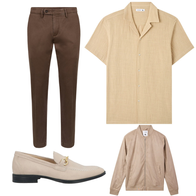 Outfit uomo - Camicia e mocassini per la serata. Stile Trendy per Serata speciale. Abbinamento con scarpe stringate, camicie a manica corta, bomber, pantaloni chino.