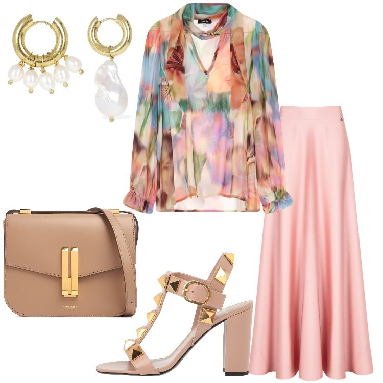 Outfit donna - Cerimonia al tramonto. Stile Romantica per Cerimonia. Abbinamento con sandali in pelle, camicie, gonne, orecchini, borse a spalla.