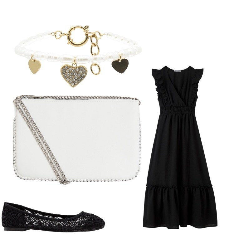 Outfit donna - Bon ton bianco nero. Stile Bon Ton per Serata fuori. Abbinamento con ballerine, borse a tracolla, vestiti lunghi, braccialetti.