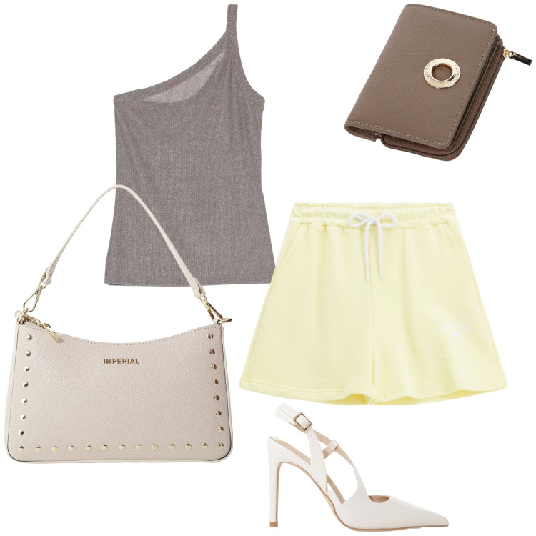 Outfit donna - Eleganza in shorts Imperial. Stile Urban per Tutti i giorni. Abbinamento con portafogli, décolleté, pantaloni corti, borse a spalla, top.