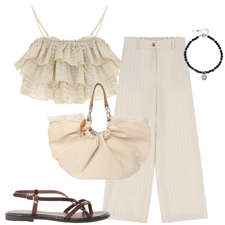 Outfit donna - Total look #2168923. Stile Urban per Tutti i giorni. Abbinamento con braccialetti, pantaloni a palazzo, top, sandali, borse a mano.