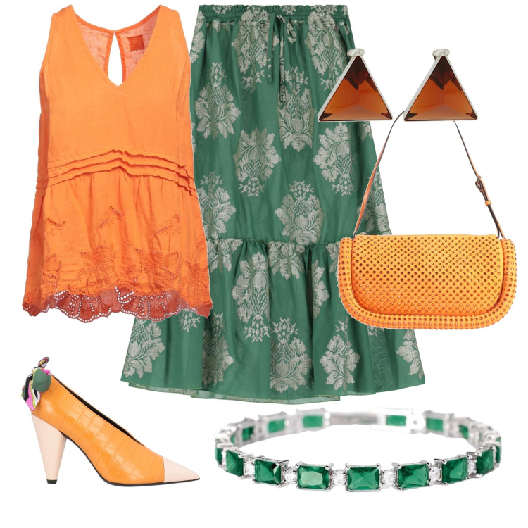 Outfit donna - Total look #2168930. Stile Etnico per Serata fuori. Abbinamento con braccialetti, gonne lunghe, top, borse a mano, décolleté, orecchini.