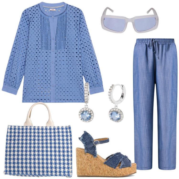 Outfit donna - In jeans. Stile Casual per Tutti i giorni. Abbinamento con borse a mano, orecchini, pantaloni, zeppe, bluse, occhiali da sole.