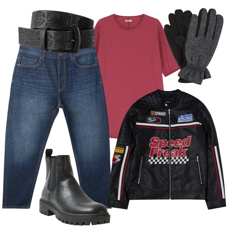 Outfit uomo - In moto. Stile Biker Rock per Tutti i giorni. Abbinamento con cinture, jeans, giacche, stivali e stivaletti, t-shirt, guanti.