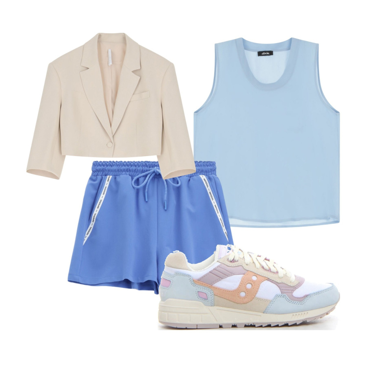 Outfit donna - Una giornata estiva in blu ciano. Stile Casual per Mare. Abbinamento con shorts, blazer, top, sneakers.