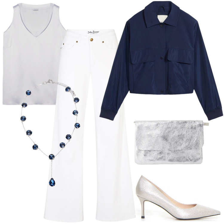 Outfit donna - Bright Drops. Stile Casual chic per Tutti i giorni. Abbinamento con jeans, blazer, borse a tracolla, décolleté, top, collane.