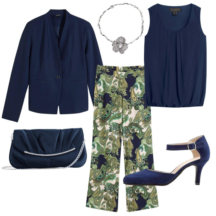 Outfit donna - Blu profondo e fantasie floreali. Stile Bon Ton per Cerimonia. Abbinamento con pantaloni, décolleté, top, blazer, pochette, collane.