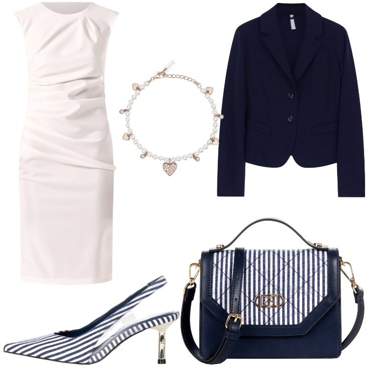 Outfit donna - Righe Chic. Stile Chic per Serata fuori. Abbinamento con borse a mano, vestiti a tubino, décolleté, braccialetti, blazer.