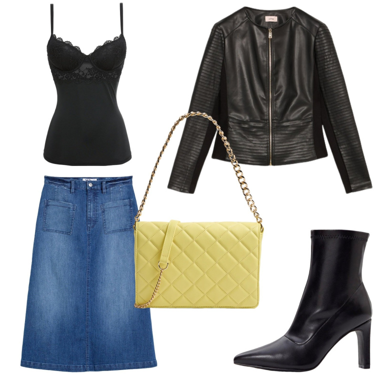 Outfit donna - La gonna denim. Stile Minimal per Serata fuori. Abbinamento con canottiere, gonne longuette, stivaletti, borse a tracolla, giacche.