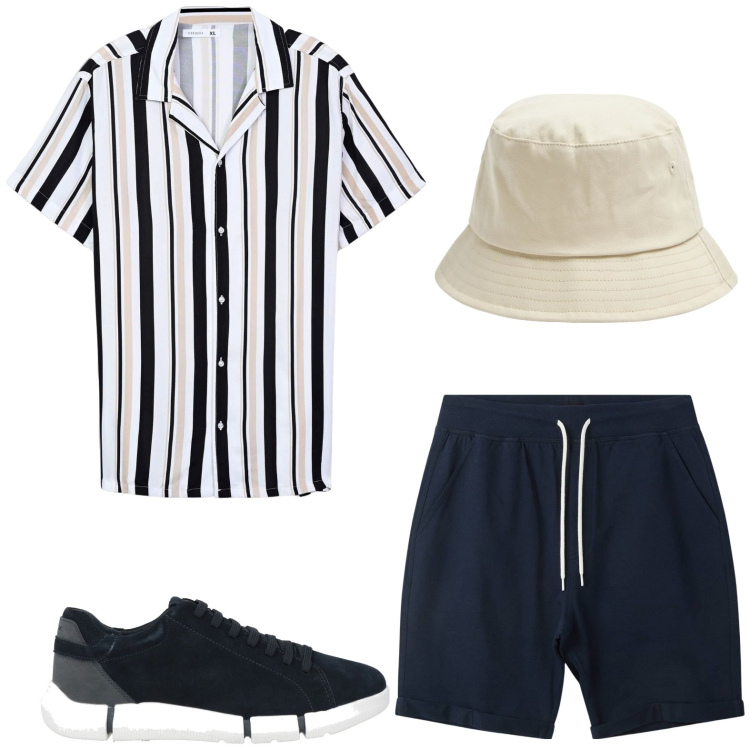 Outfit uomo - Righe sportive. Stile Trendy per Tutti i giorni. Abbinamento con sneakers, cappelli, pantaloni corti, camicie a manica corta.