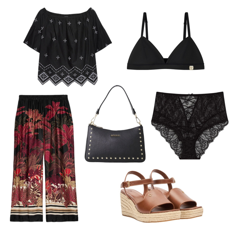 Outfit donna - serata chill. Stile Casual per Serata fuori. Abbinamento con culotte, borse a spalla, reggiseni, pantaloni, bluse, zeppe.