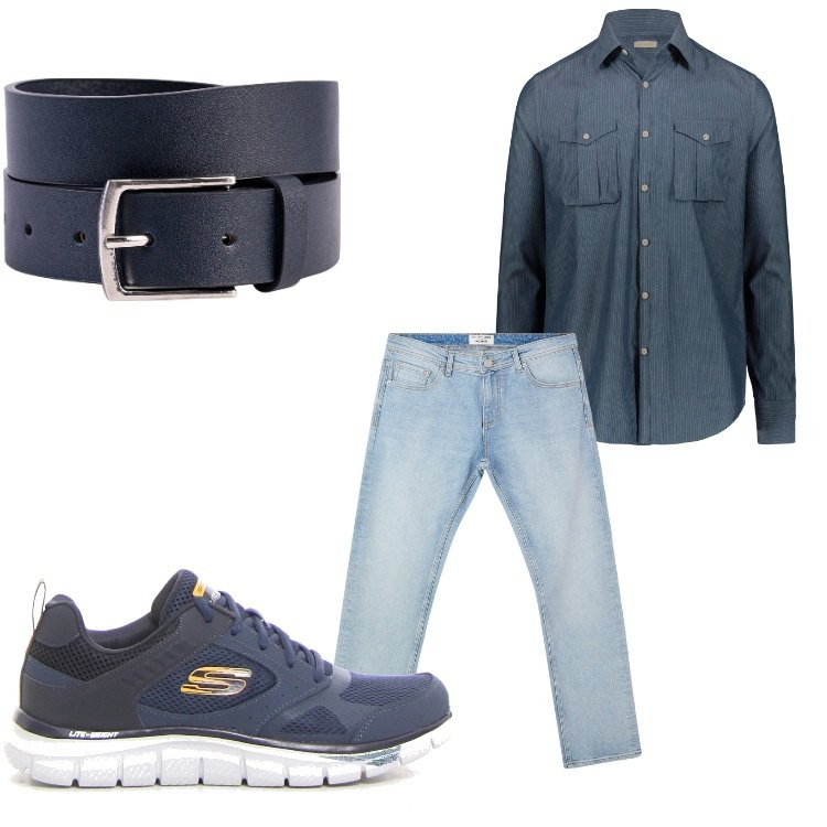 Outfit uomo - Serata jeans. Stile Casual per Tutti i giorni. Abbinamento con jeans, camicie, cinture, sneakers.