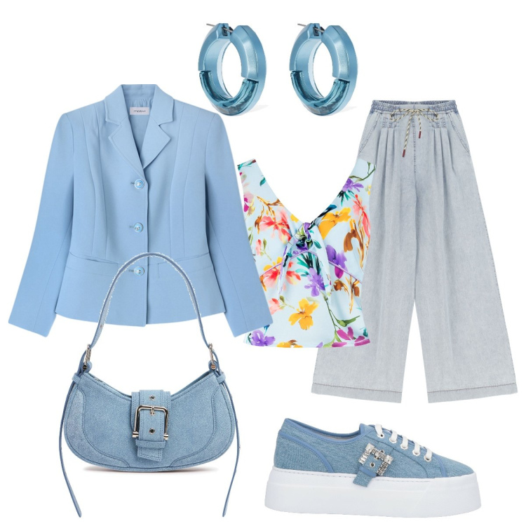 Outfit donna - Serata primaverile. Stile Casual chic per Serata fuori. Abbinamento con sneakers, jeans, top, orecchini, borse a spalla, blazer.