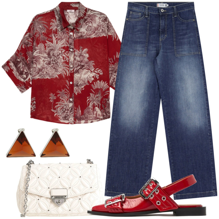 Outfit donna - Casual chic. Stile Casual chic per Tutti i giorni. Abbinamento con borse a tracolla, orecchini, jeans, camicie, ballerine.
