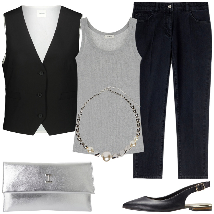 Outfit donna - Informale con stile. Stile Casual chic per Serata fuori. Abbinamento con ballerine, pochette, canottiere, gilet, collane, jeans.
