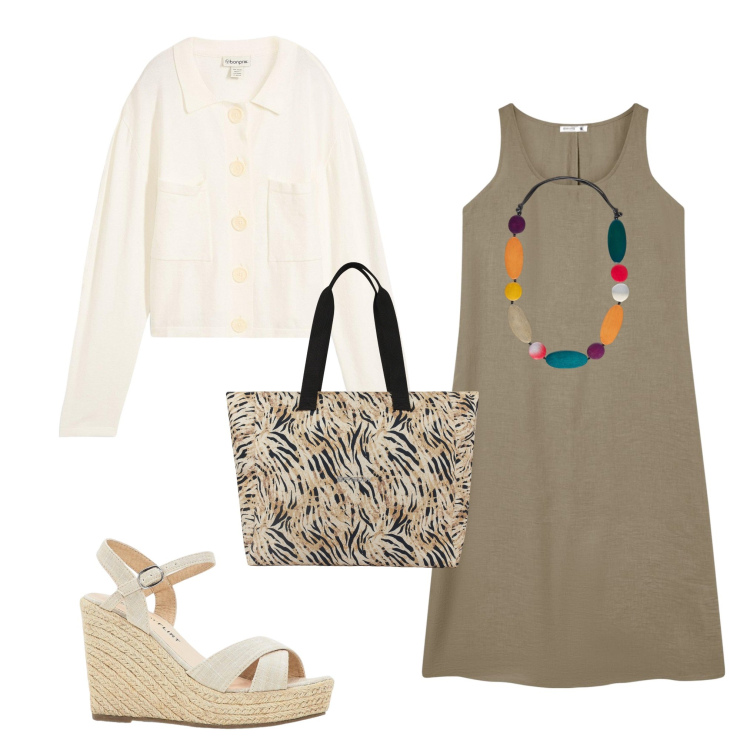 Outfit donna - Sandali con zeppa. Stile Casual per Serata fuori. Abbinamento con sandali, cardigans, vestiti lunghi, shopping bag, collane.