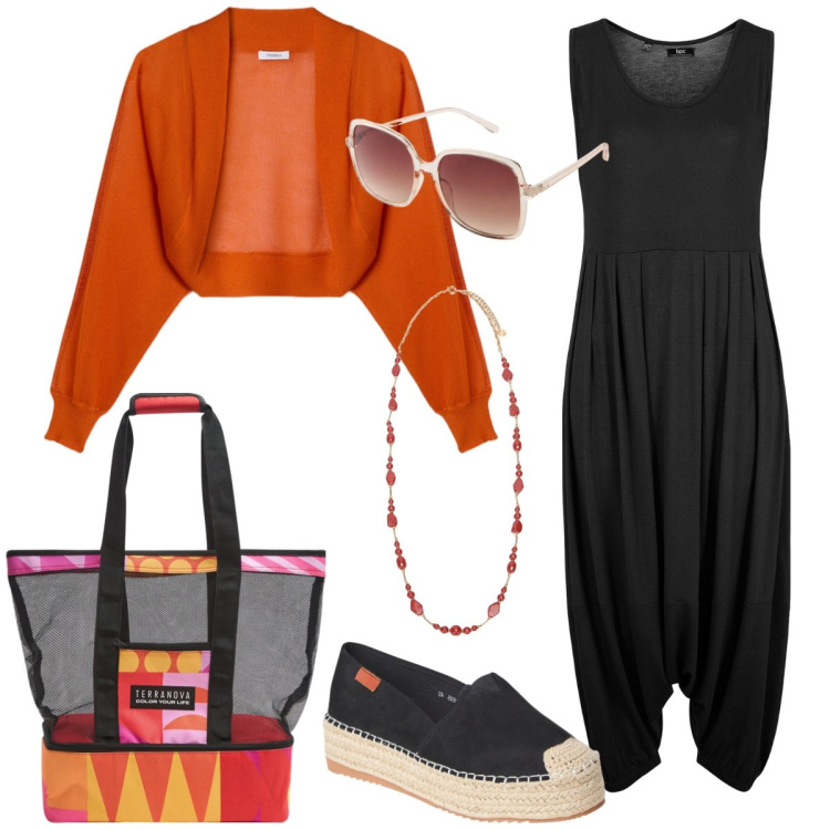 Outfit donna - In tuta. Stile Boho per Tutti i giorni. Abbinamento con tute, occhiali da sole, borse tote, espadrillas, bolero, collane.