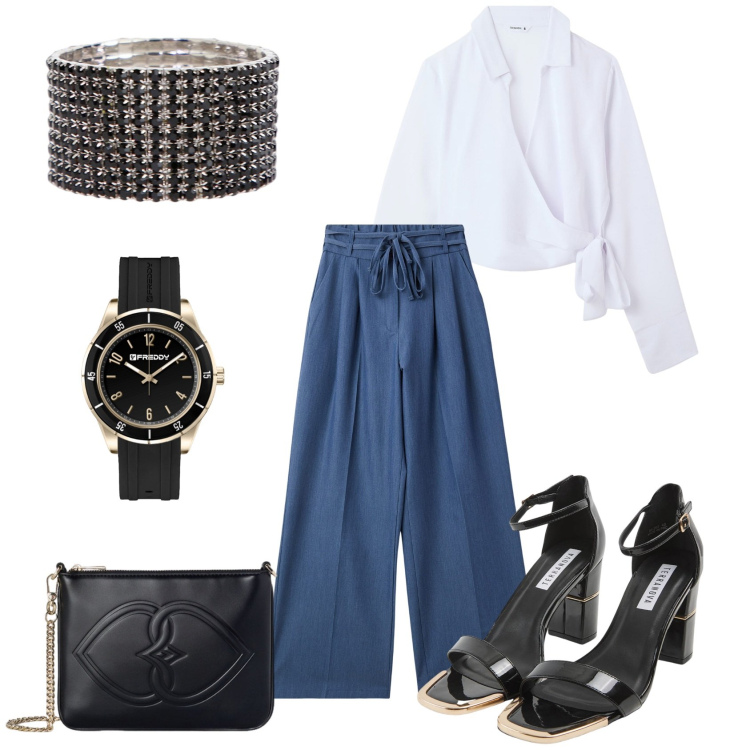 Outfit donna - I jeans a palazzo. Stile Casual chic per Ufficio. Abbinamento con jeans, camicie, sabot, orologi, braccialetti, pochette.