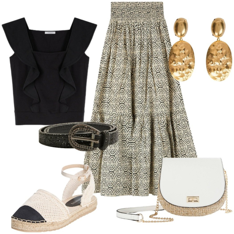 Outfit donna - Festa al mare. Stile Casual chic per Serata fuori. Abbinamento con borse a tracolla, gonne lunghe, espadrillas, cinture, top, orecchini.