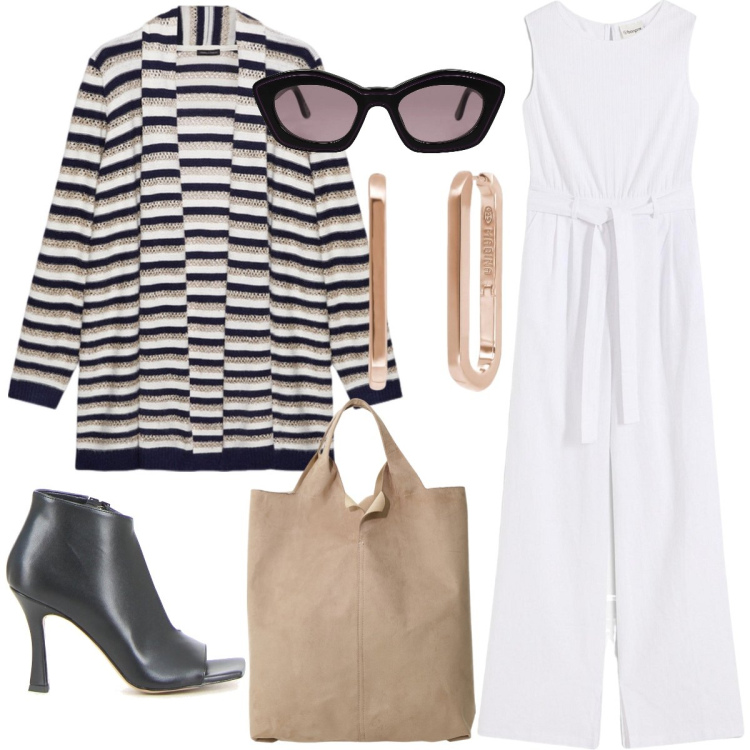 Outfit donna - La tuta white. Stile Casual chic per Tutti i giorni. Abbinamento con tute, occhiali da sole, orecchini, shopping bag, cardigans, sandali col tacco.