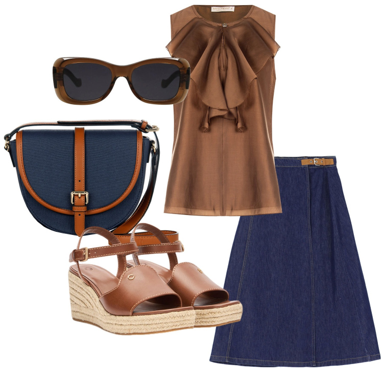 Outfit donna - Curvy chic Blu e terra. Stile Casual chic per Tutti i giorni. Abbinamento con occhiali da sole, bluse, borse a tracolla, gonne lunghe, zeppe.