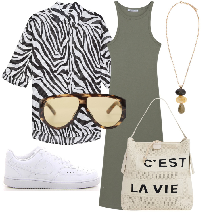 Outfit donna - Street animalier. Stile Urban per Tutti i giorni. Abbinamento con vestiti lunghi, camicie, borse a mano, occhiali da sole, sneakers, collane.