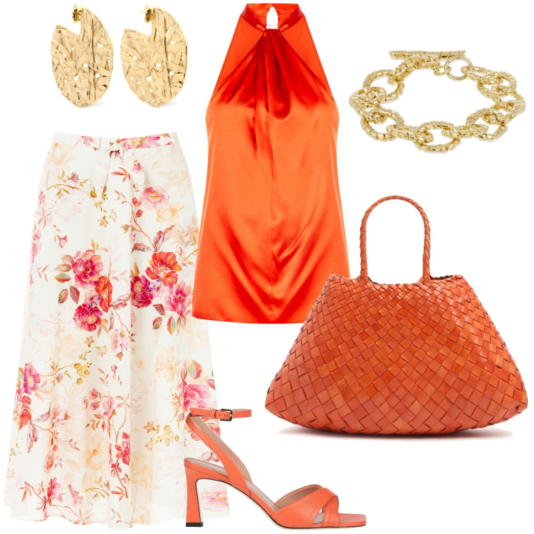 Outfit donna - Romantica e passionale!. Stile Romantica per Serata fuori. Abbinamento con sandali in pelle, gonne longuette, top, braccialetti, orecchini, borse a spalla.