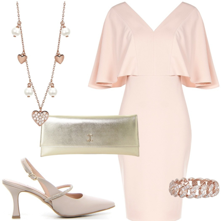 Outfit donna - Rosa cipria da cerimonia. Stile Chic per Cerimonia. Abbinamento con vestiti a tubino, anelli, collane, pochette, décolleté.