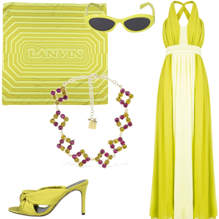 Outfit donna - Cerimonia in riva al lago. Stile Chic per Cerimonia. Abbinamento con sandali in pelle, sciarpe, vestiti lunghi, collane, occhiali da sole.