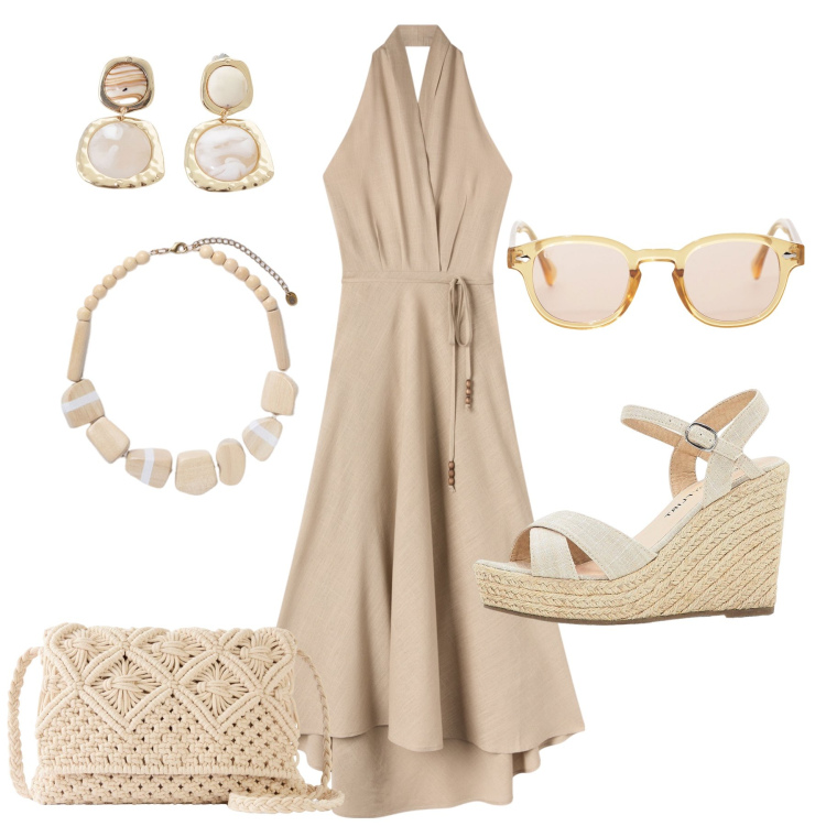 Outfit donna - Primi caldi in città. Stile Boho per Tutti i giorni. Abbinamento con borse a tracolla, sandali, vestiti lunghi, occhiali da sole, orecchini, collane.