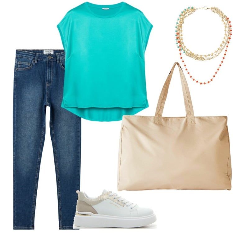 Outfit donna - Comfort. Stile Casual per Scuola/Università. Abbinamento con shopping bag, jeans skinny, collane, sneakers, bluse.
